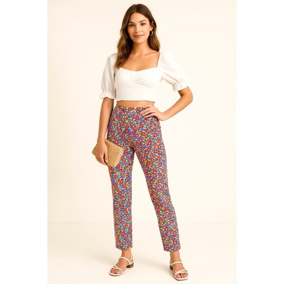 7th Avenue Design Studio Medium Chic Floral Tapered Pants Red Yellow Blue Stretc - Picture 12 of 12